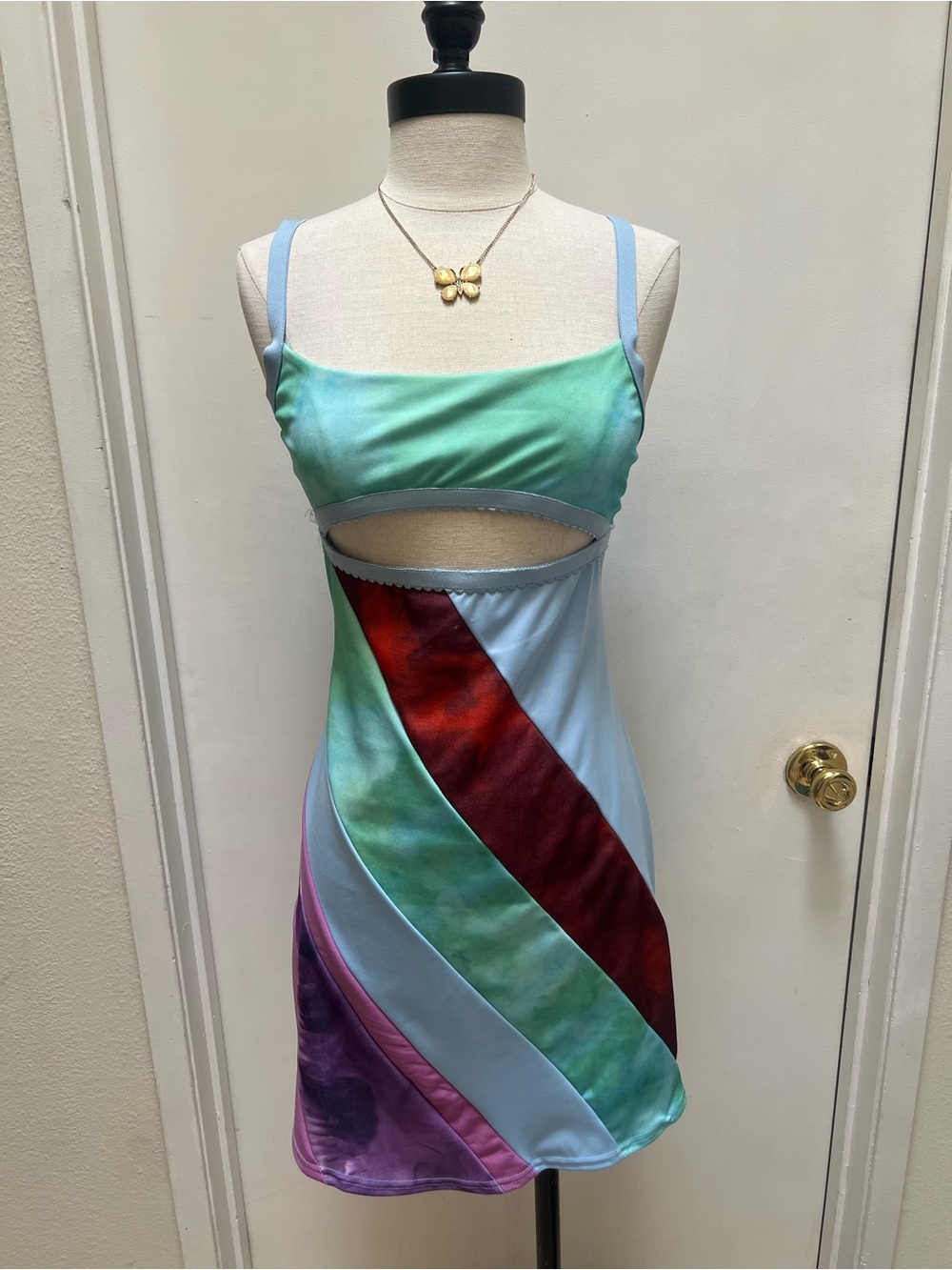 Colorblock Satin Cutout Mini Dress in Aqua Multi